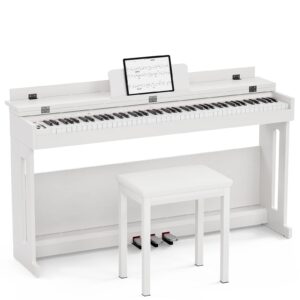 umomo 88 weighted key digital piano with piano bench, hammer action electric piano with piano stand, headphone jack, 3 pedal, full size electronic piano keyboard for beginner, adults, white