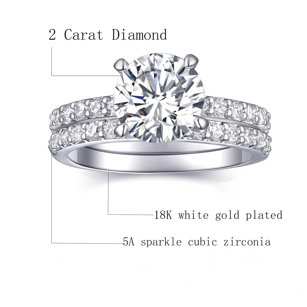 AONED Fake Engagement Ring Engagement Wedding Rings Sets For Women Cubic Zirconia 2 CT Halo Round CZ Bands Promise Rings for Her Bridal Set Size 7