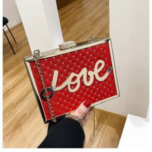 Sequin Evening Lock Chain Bag LOVE Letters Box Shaped Shoulder Bag (red)