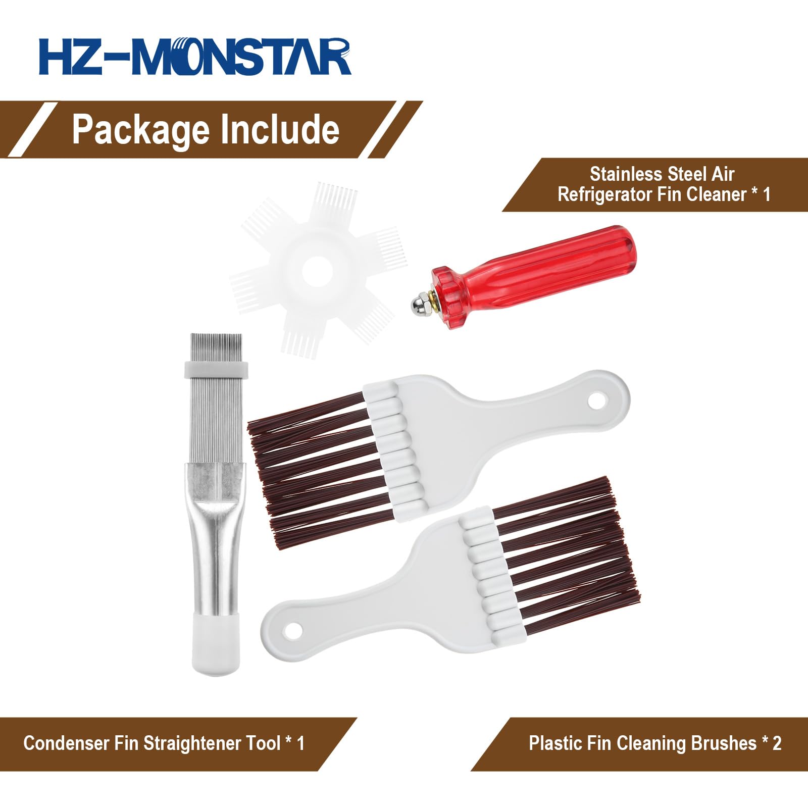 HZ-MONSTAR 4 Pcs Air Conditioner Condenser Fin Cleaning Brush, Coil Condenser Brush AC Fin Comb, Stainless Steel Air Refrigerator Fin Cleaner Whisk Brush Evaporator Radiator Repair Tool