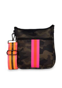 haute shore - jeri showoff crossbody tote camo green w/orange & pink stripe