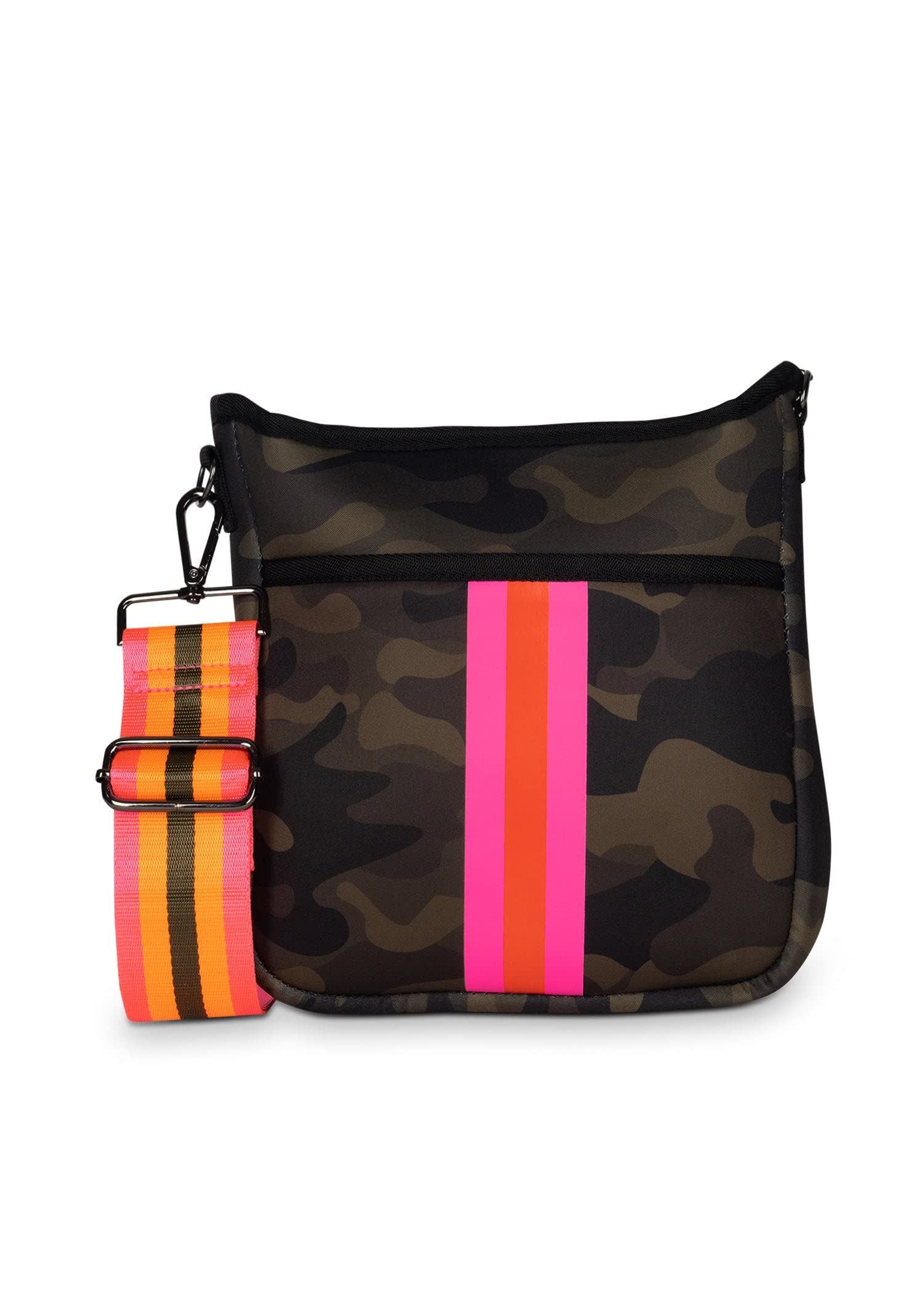 Haute Shore - Jeri Showoff Crossbody Tote Camo Green W/Orange & Pink Stripe