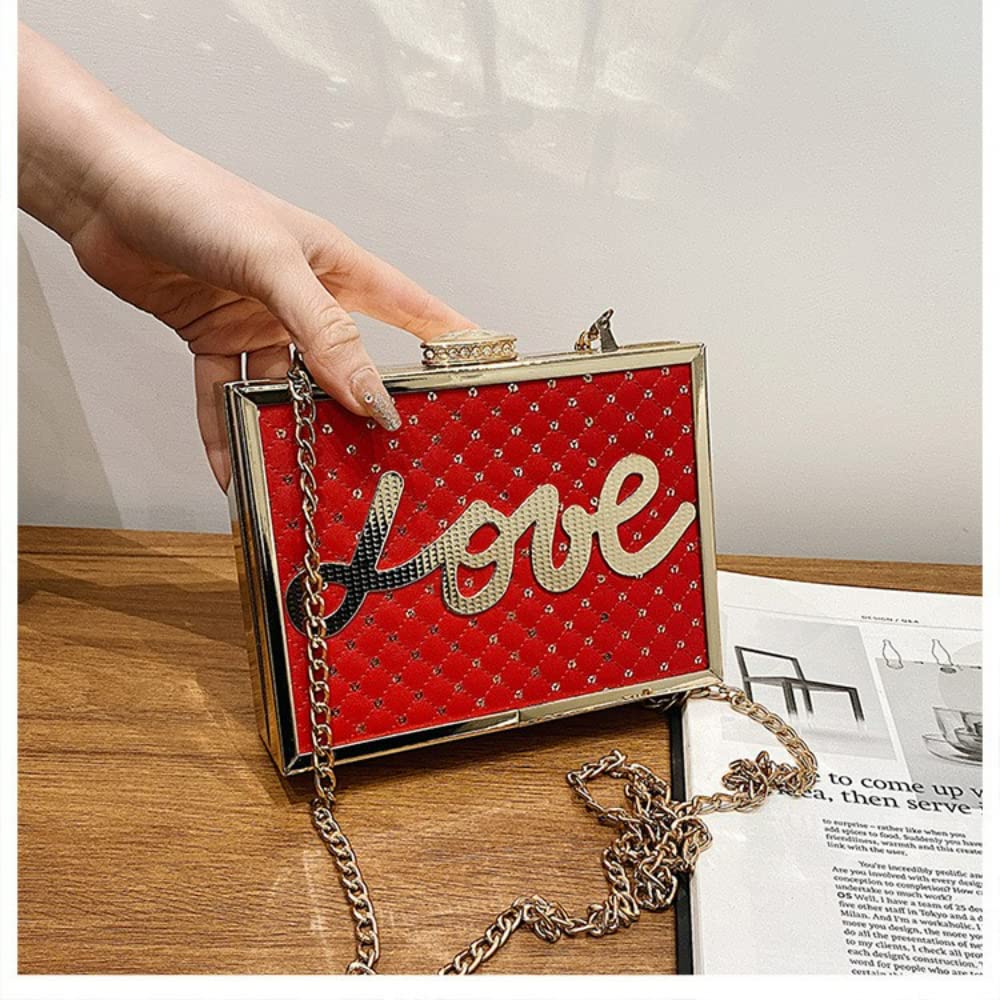 Sequin Evening Lock Chain Bag LOVE Letters Box Shaped Shoulder Bag (red)