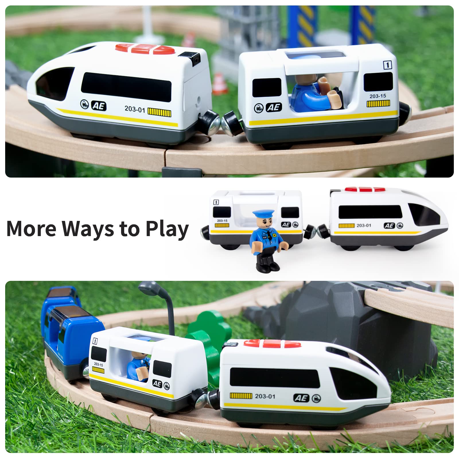 Wood City Battery Operated Train for Wooden Train Track, Electric Locomotive Train Set with Powerful Engine Compatible with Thomas, Brio, Chuggington, Bullet Train Toys for Toddlers 3 4 5 Year Olds