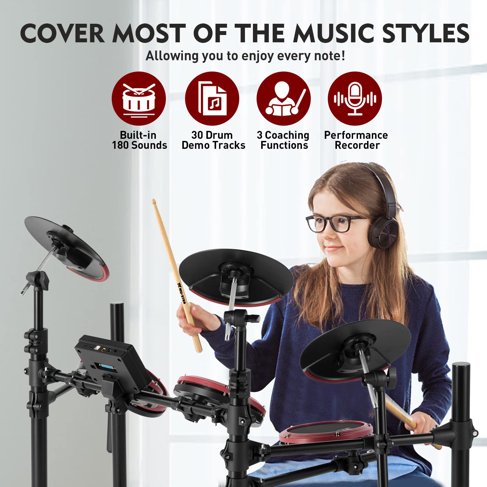 MUSTAR Electronic Drum Set, Electric Drum Sets for Beginners with 8" Mesh Drum Pads, 10" Cymbals, Kick Pedal, Drum Stool, Drum Sticks, USB MIDI Connectivity, 180 Sounds & 15 Kits (4 Pads, 3 Cymbals)