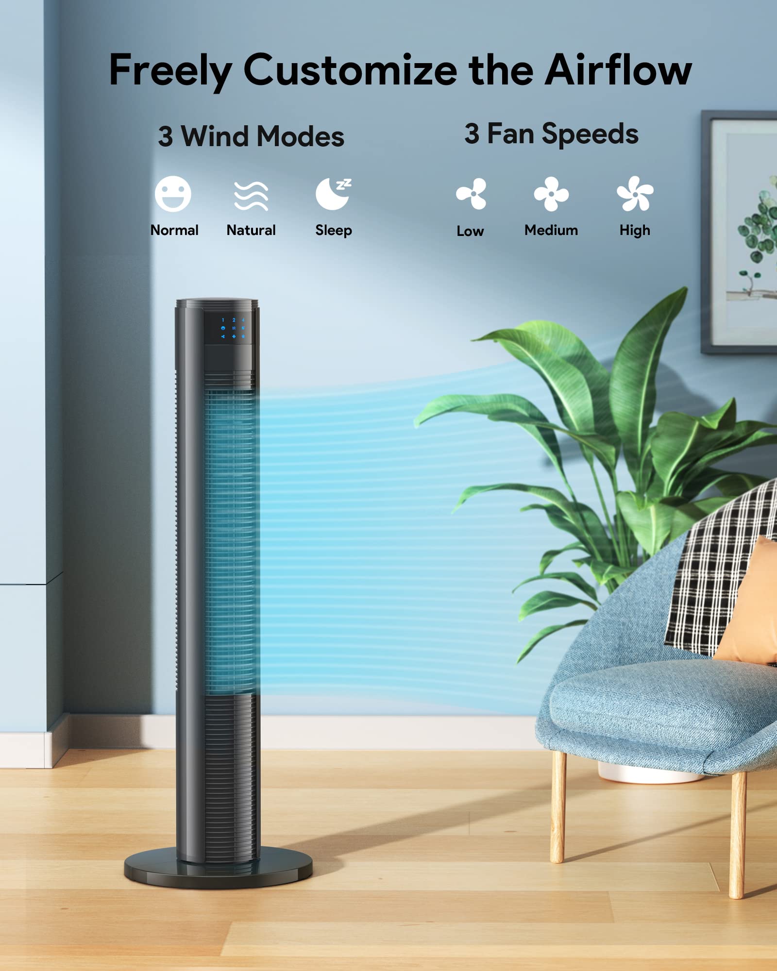 FULMINARE Tower Fan, 36”Oscillating Bladeless Fans with Remote, Quiet Cooling, 3 Modes, Multiple Speed Settings, 7H Timer, LED Display with Auto Off, Portable Floor Fan