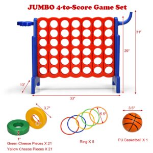 Giantex 4 in a Row Connect Game, Jumbo 4 to Score Game Set w/ 42 Chess Rings, Basketball & Hoop, Toss Rings & Quick-Release Lever, Indoor & Outdoor Family Party Game for Kids & Adults