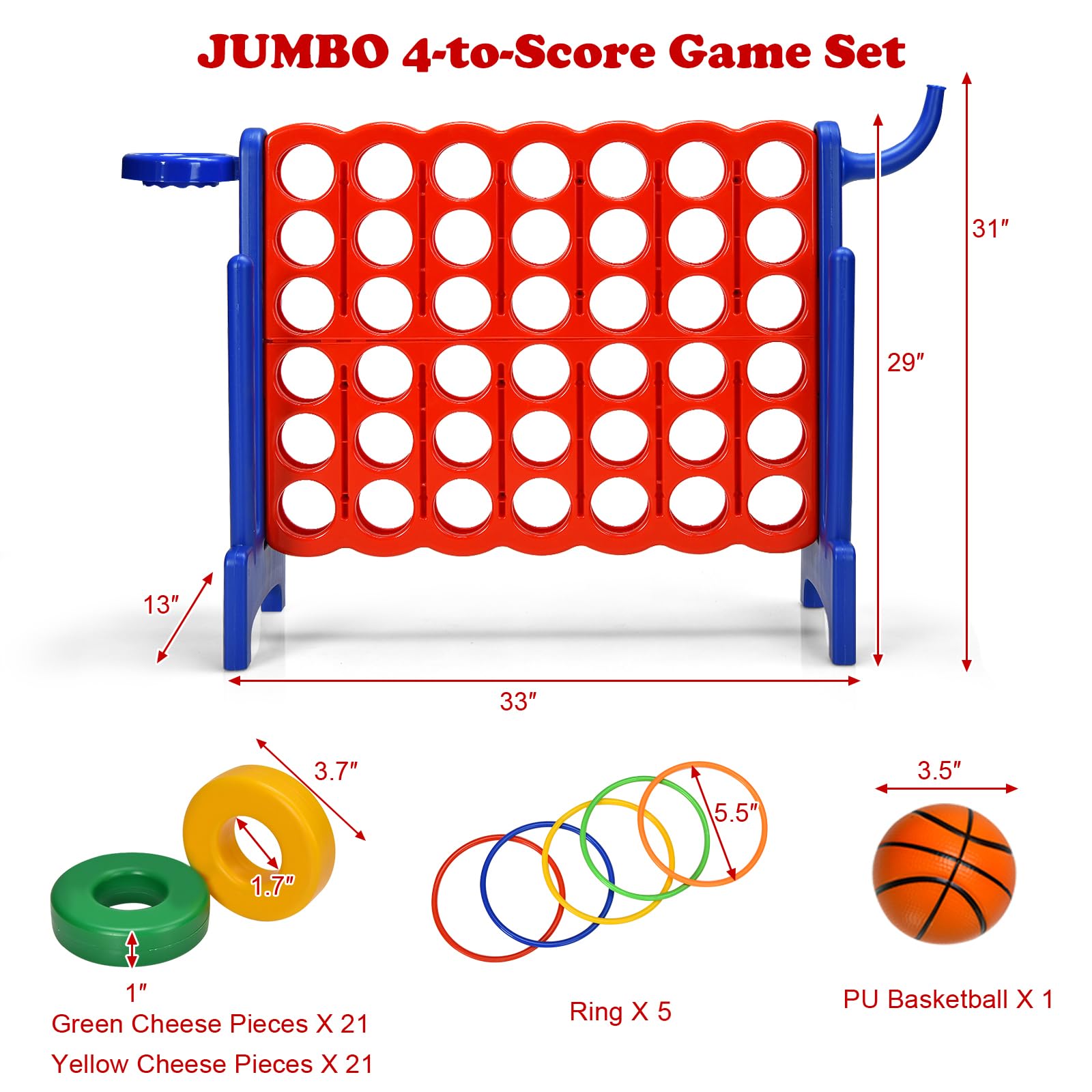 Giantex 4 in a Row Connect Game, Jumbo 4 to Score Game Set w/ 42 Chess Rings, Basketball & Hoop, Toss Rings & Quick-Release Lever, Indoor & Outdoor Family Party Game for Kids & Adults