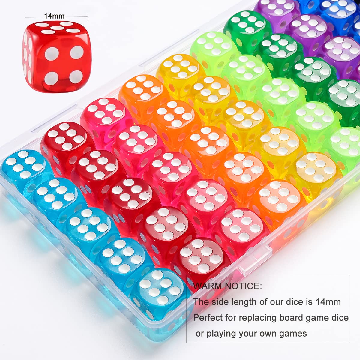 50 Pieces Colored Dice, 6 Sided Dice for Board Games, 14mm Bulk Dice for Math Learning, Dice for Classroom