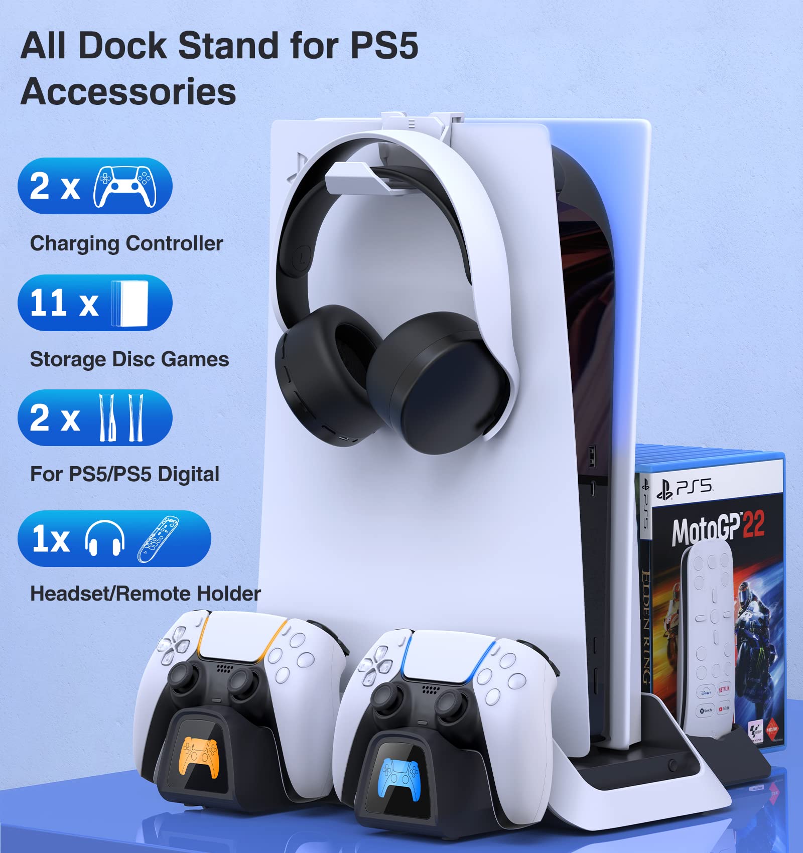 CYKOARMOR PS5 Stand with Cooling Station&Dual Controller Charger for PlayStation 5 PS5 Console(NOT Fit PS5 Slim), PS5 Accessories with 5V/3A Adapter, PS5 Base with Cooler Fan, Charging Dock