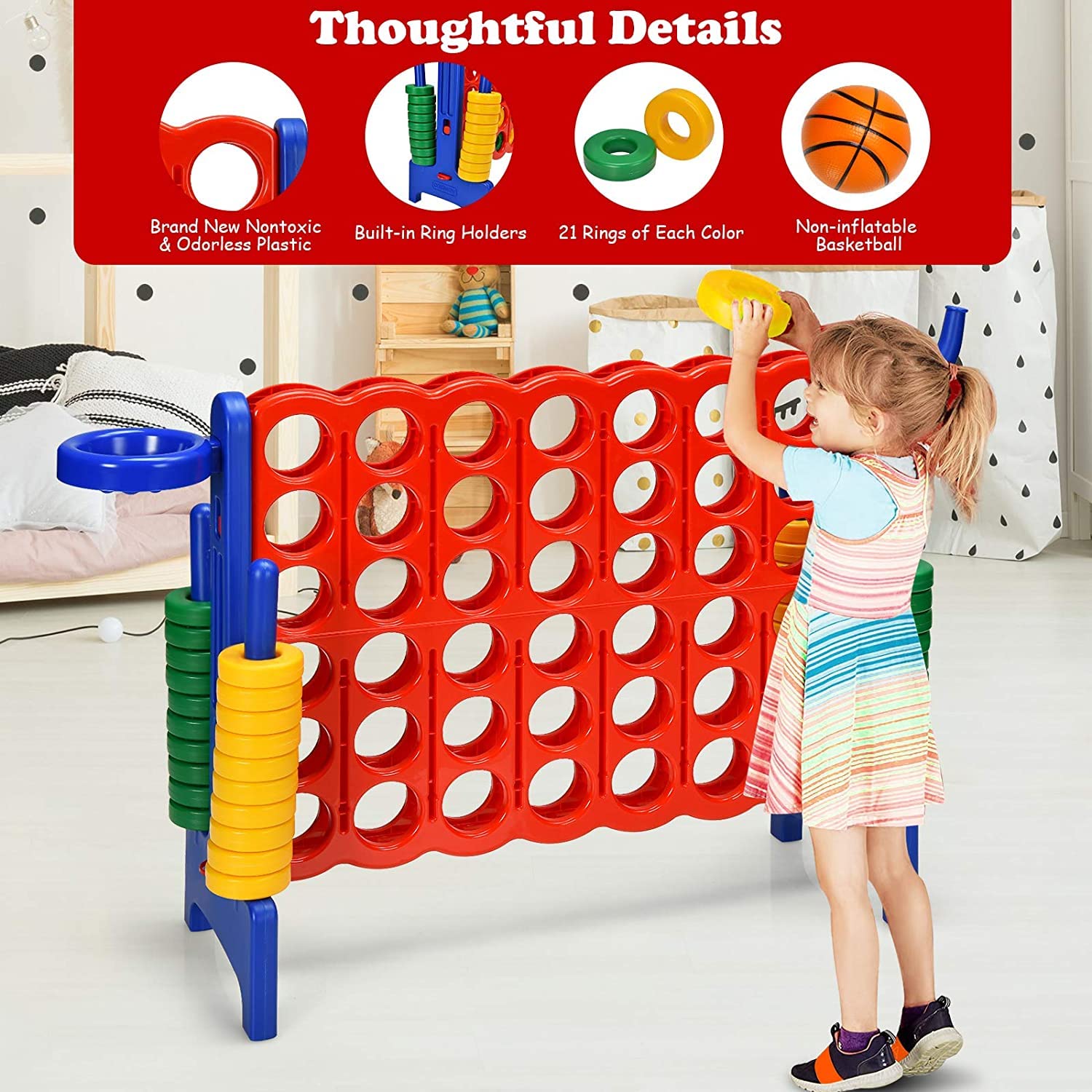 Giantex 4 in a Row Connect Game, Jumbo 4 to Score Game Set w/ 42 Chess Rings, Basketball & Hoop, Toss Rings & Quick-Release Lever, Indoor & Outdoor Family Party Game for Kids & Adults