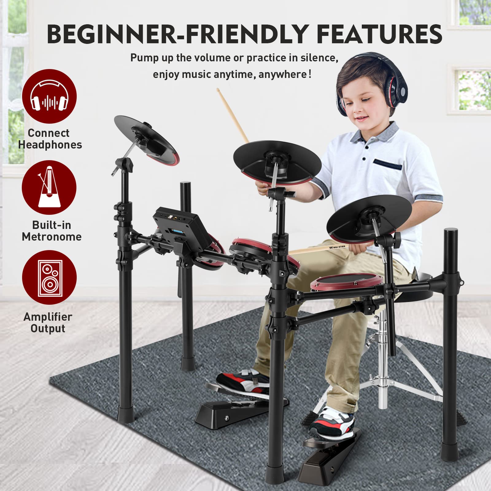 MUSTAR Electronic Drum Set, Electric Drum Sets for Beginners with 8" Mesh Drum Pads, 10" Cymbals, Kick Pedal, Drum Stool, Drum Sticks, USB MIDI Connectivity, 180 Sounds & 15 Kits (4 Pads, 3 Cymbals)