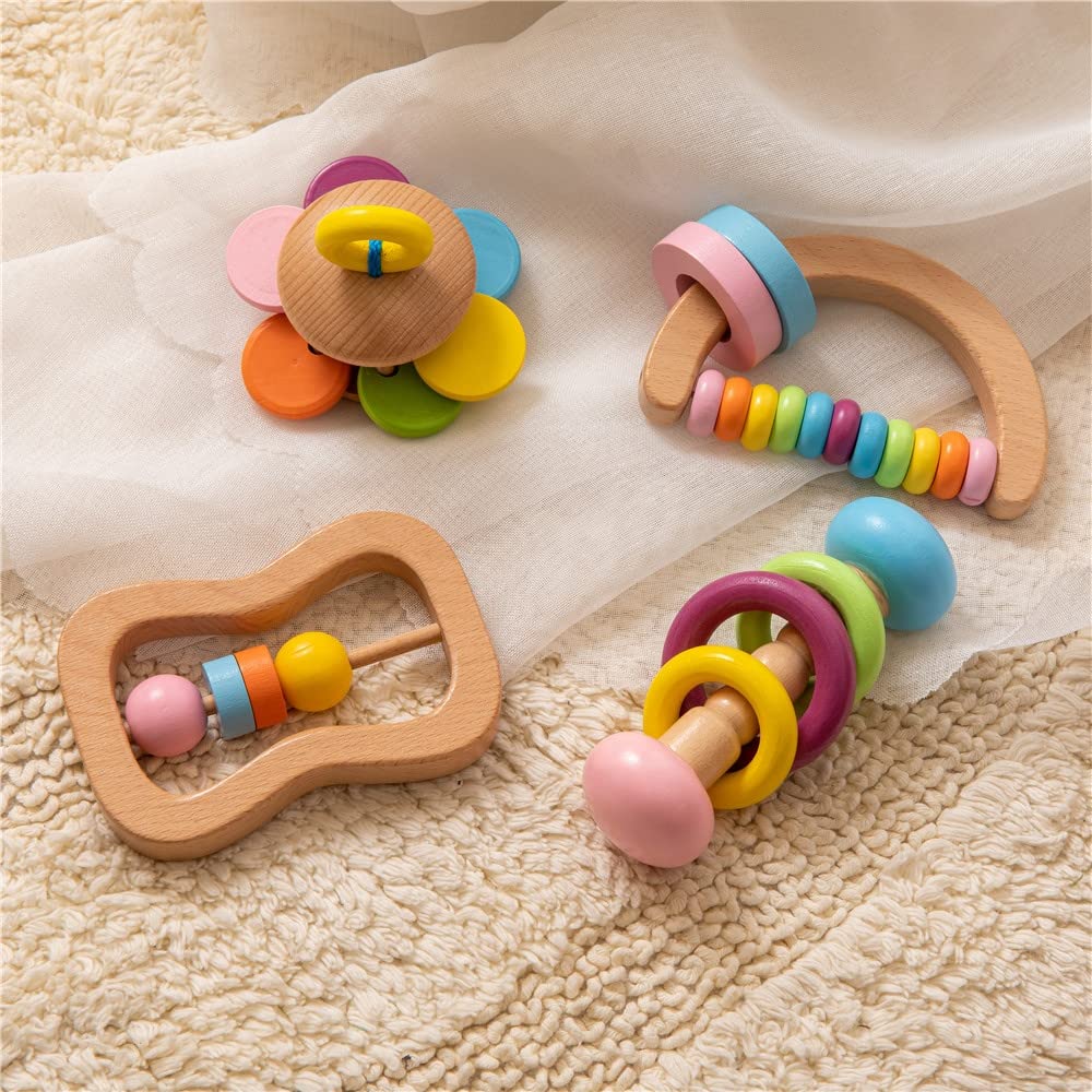 4pc Organic Colorful Baby Rattle Set Safe Food Grade Wood Rattle Soother Bracelet Teether Set Montessori Toddler Toy multicolored