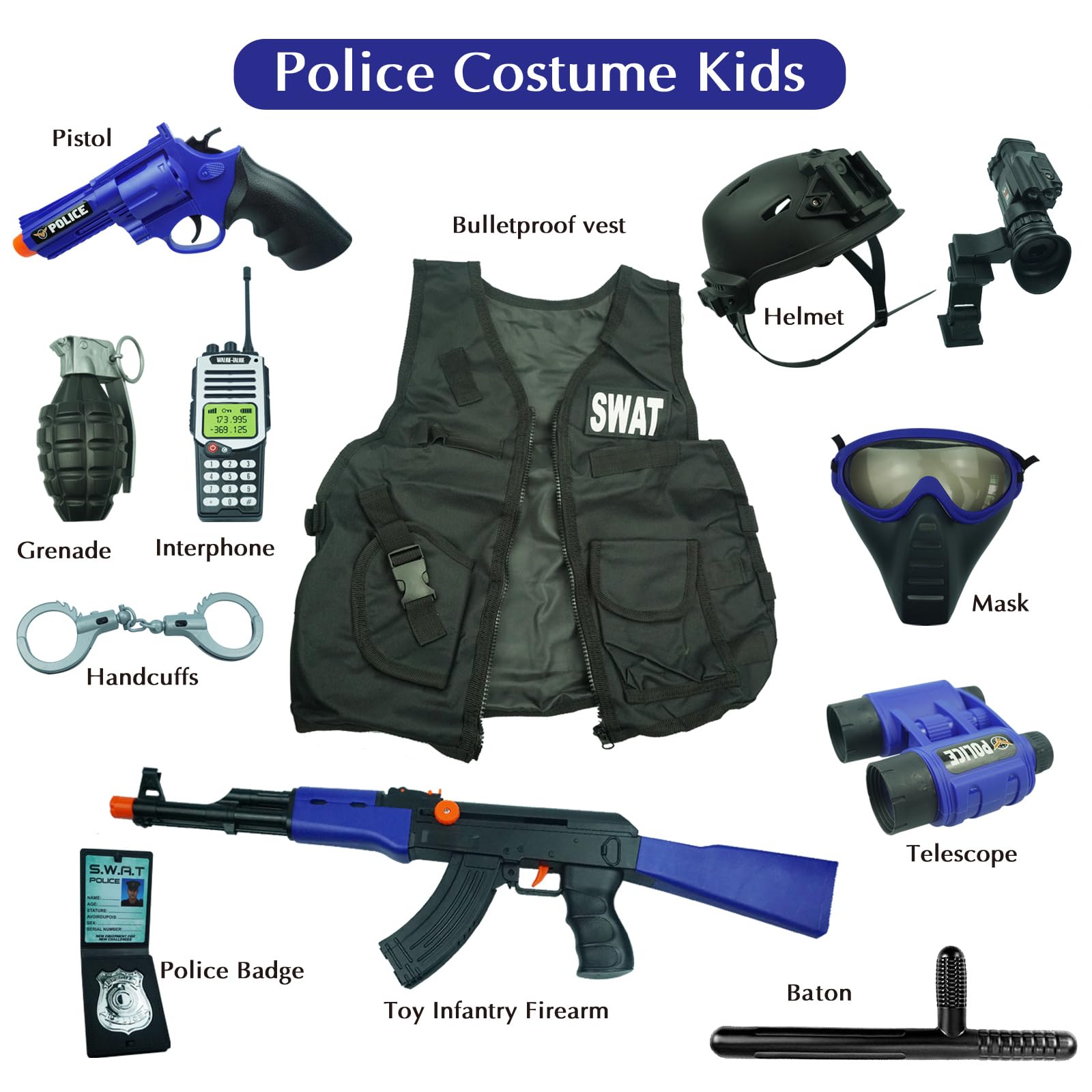 RedCrab Kids Police Officer Pretend Set Uniform Outfit Role-playing Toys - chirldren costumes boys and girls - SWAT Police Gear for Kids Dress Up