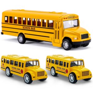 fanelequ 3 pack pull back school bus playset, die-cast metal toy vehicles with bright yellow for boys girls kids toddlers