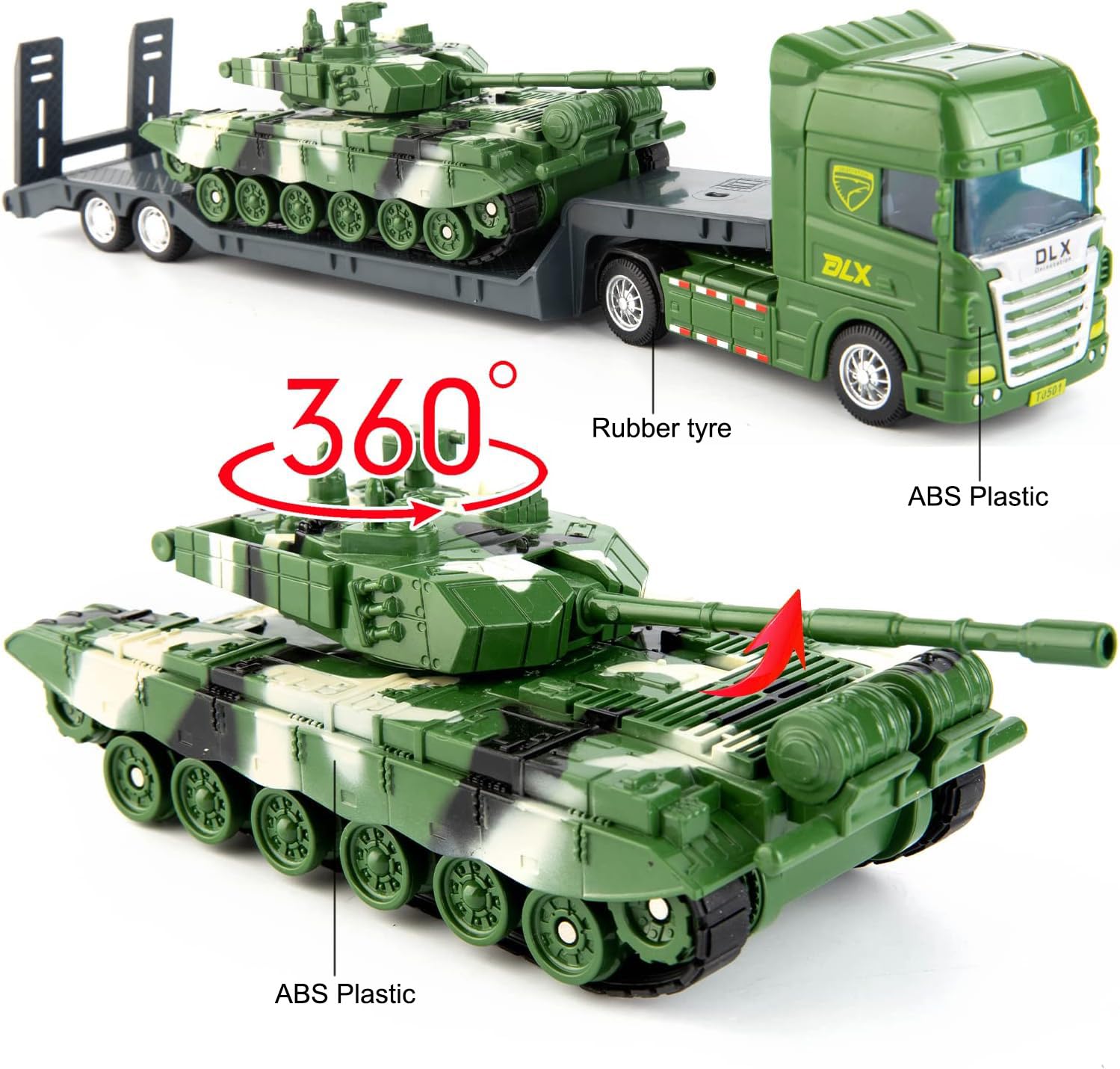 TGRCM-CZ Flatbed Truck Toy with Tank,Army Toys, Semi Flatbed Trailer-Push and Go Toy Trucks, Construction Trucks for Toddlers,Plastic Toy,Gift for Age 3 and up Kids Toddlers Children Present