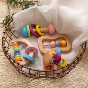 4pc Organic Colorful Baby Rattle Set Safe Food Grade Wood Rattle Soother Bracelet Teether Set Montessori Toddler Toy multicolored