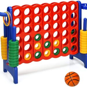 Giantex 4 in a Row Connect Game, Jumbo 4 to Score Game Set w/ 42 Chess Rings, Basketball & Hoop, Toss Rings & Quick-Release Lever, Indoor & Outdoor Family Party Game for Kids & Adults