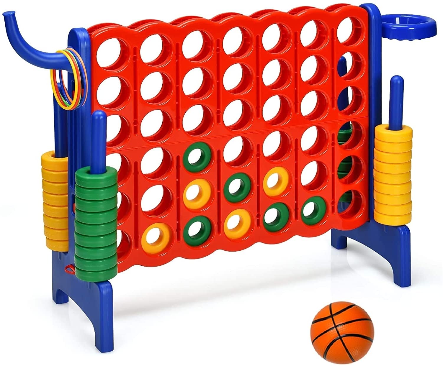 Giantex 4 in a Row Connect Game, Jumbo 4 to Score Game Set w/ 42 Chess Rings, Basketball & Hoop, Toss Rings & Quick-Release Lever, Indoor & Outdoor Family Party Game for Kids & Adults