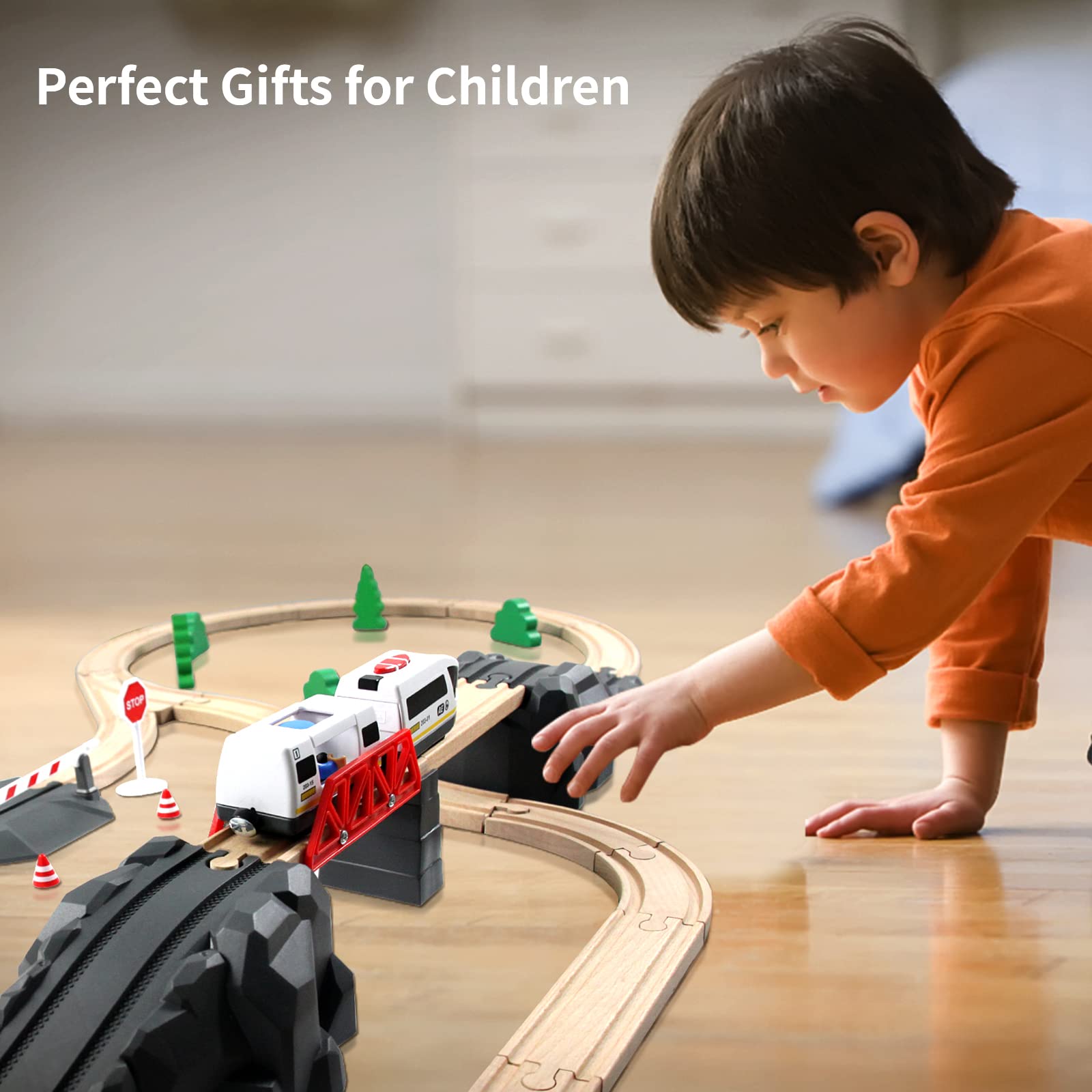 Wood City Battery Operated Train for Wooden Train Track, Electric Locomotive Train Set with Powerful Engine Compatible with Thomas, Brio, Chuggington, Bullet Train Toys for Toddlers 3 4 5 Year Olds