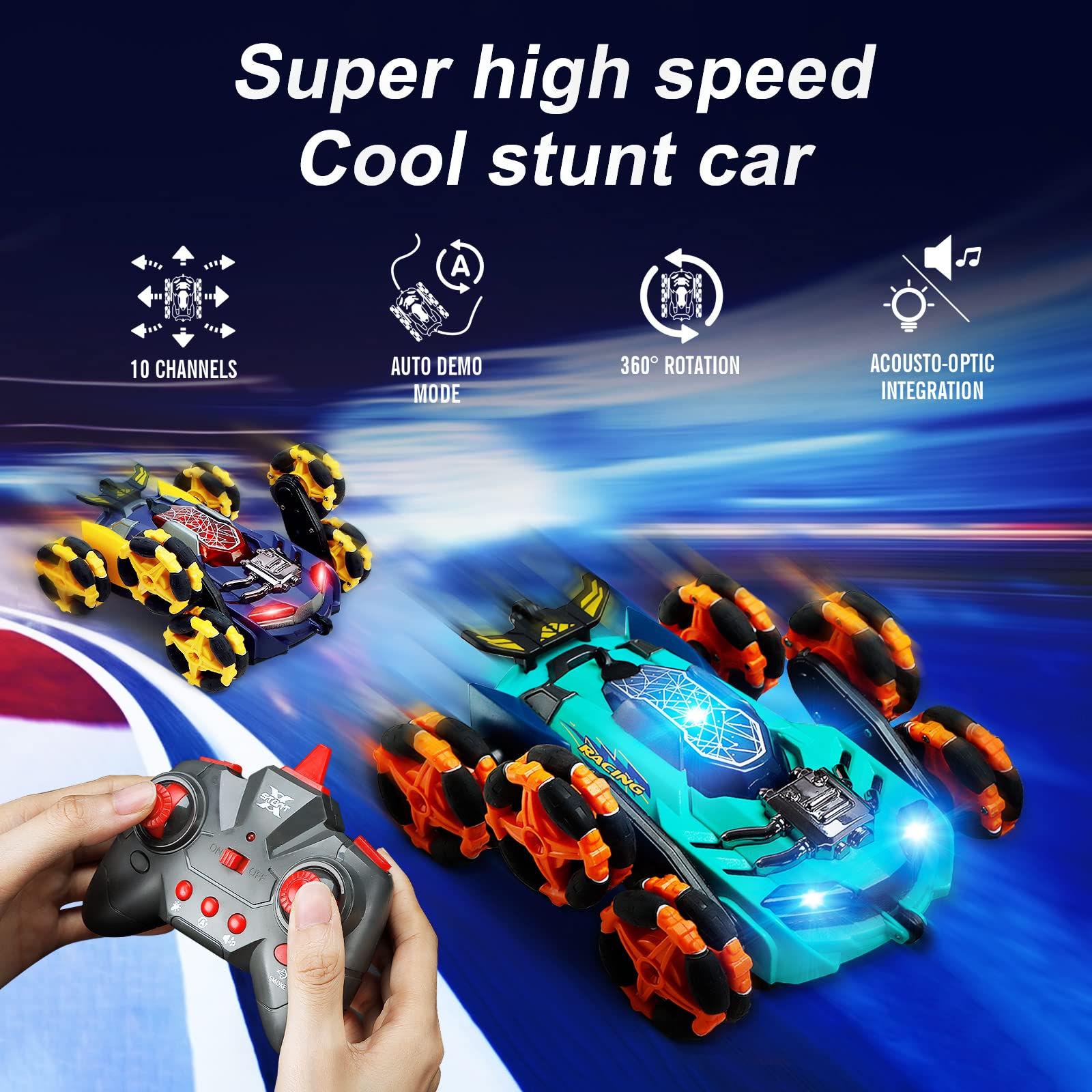 HScopter Remote Control Car, Six-Wheel RC Car 6WD Drift Stunt Off Road Truck Race Toy with Smoke Fuction Light Rotating Vehicle Gift Present for Boys Kids Children Age 5 6 7 8 9 10 (Blue)