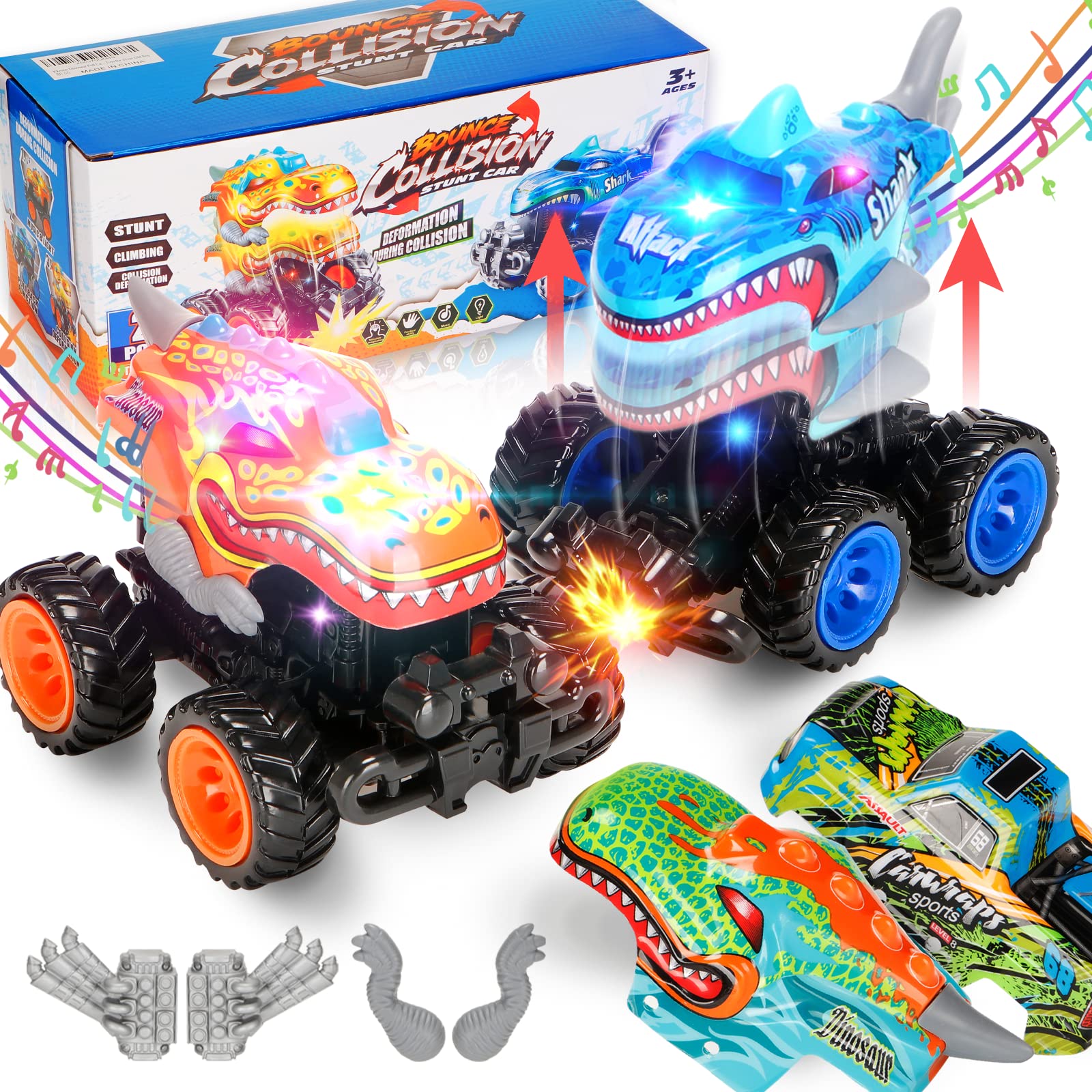 kkmon Exploding Monster Truck Toy with Interchangeable Dinosaur and Shark Bodies, Lights & Sounds,2 Pack of Light Up Monster Truck for Boys Age 3 and 4-7,Toddler Car Toys Gift