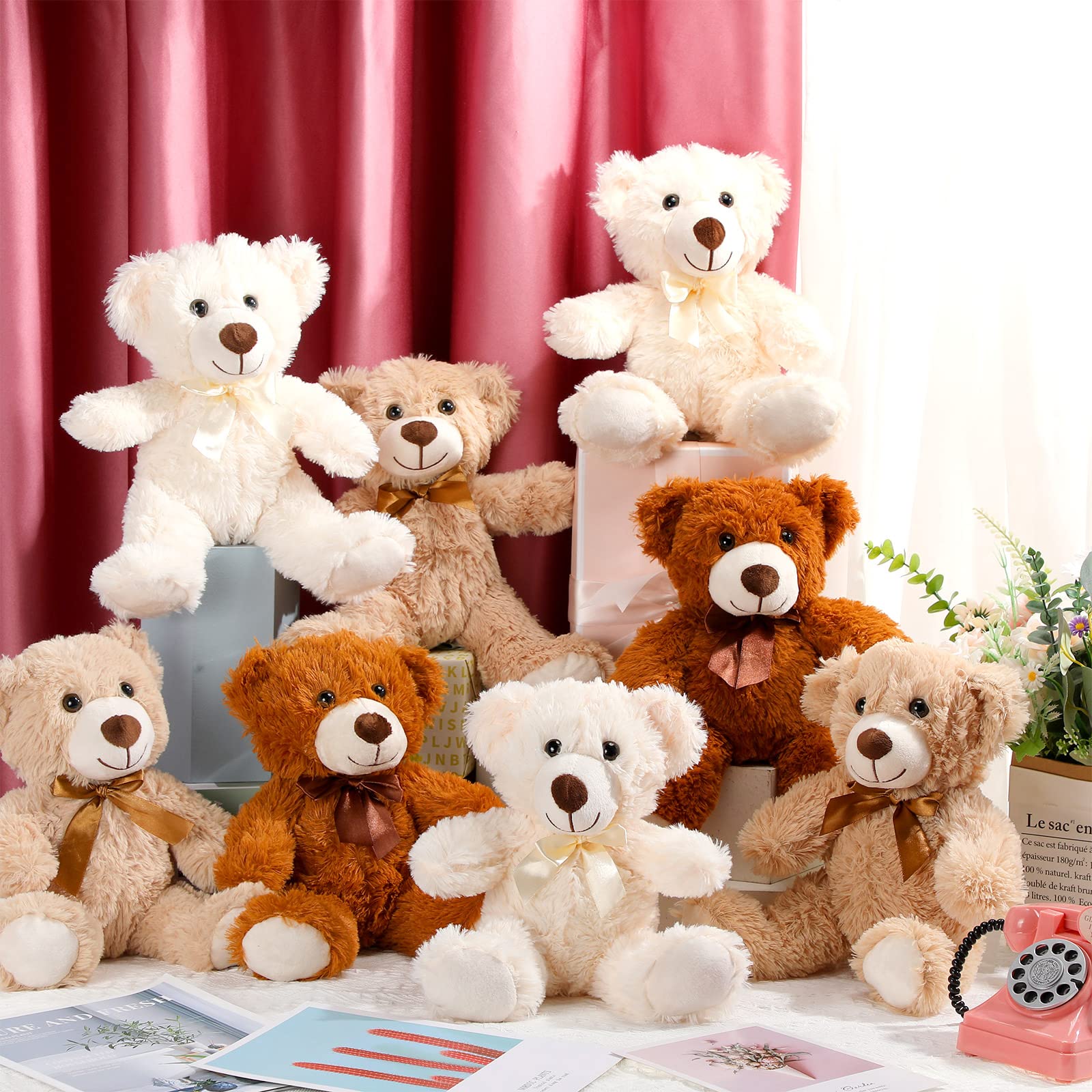 Zhanmai 12 Pcs 14 Inch Bear Stuffed Animal Bulk Plush Stuffed Bear for Baby Shower 2024 Graduation Gifts Birthday Party Favors Birthday Wedding Party Decorations(Light Brown, Khaki and White)