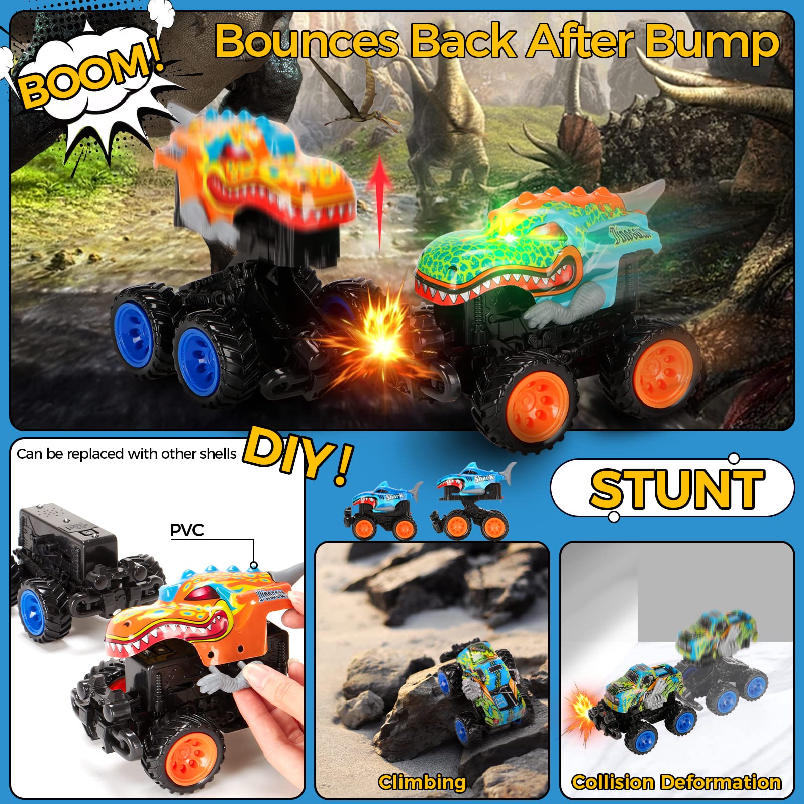 kkmon Exploding Monster Truck Toy with Interchangeable Dinosaur and Shark Bodies, Lights & Sounds,2 Pack of Light Up Monster Truck for Boys Age 3 and 4-7,Toddler Car Toys Gift