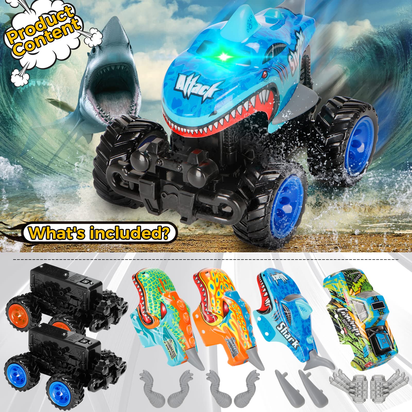 kkmon Exploding Monster Truck Toy with Interchangeable Dinosaur and Shark Bodies, Lights & Sounds,2 Pack of Light Up Monster Truck for Boys Age 3 and 4-7,Toddler Car Toys Gift