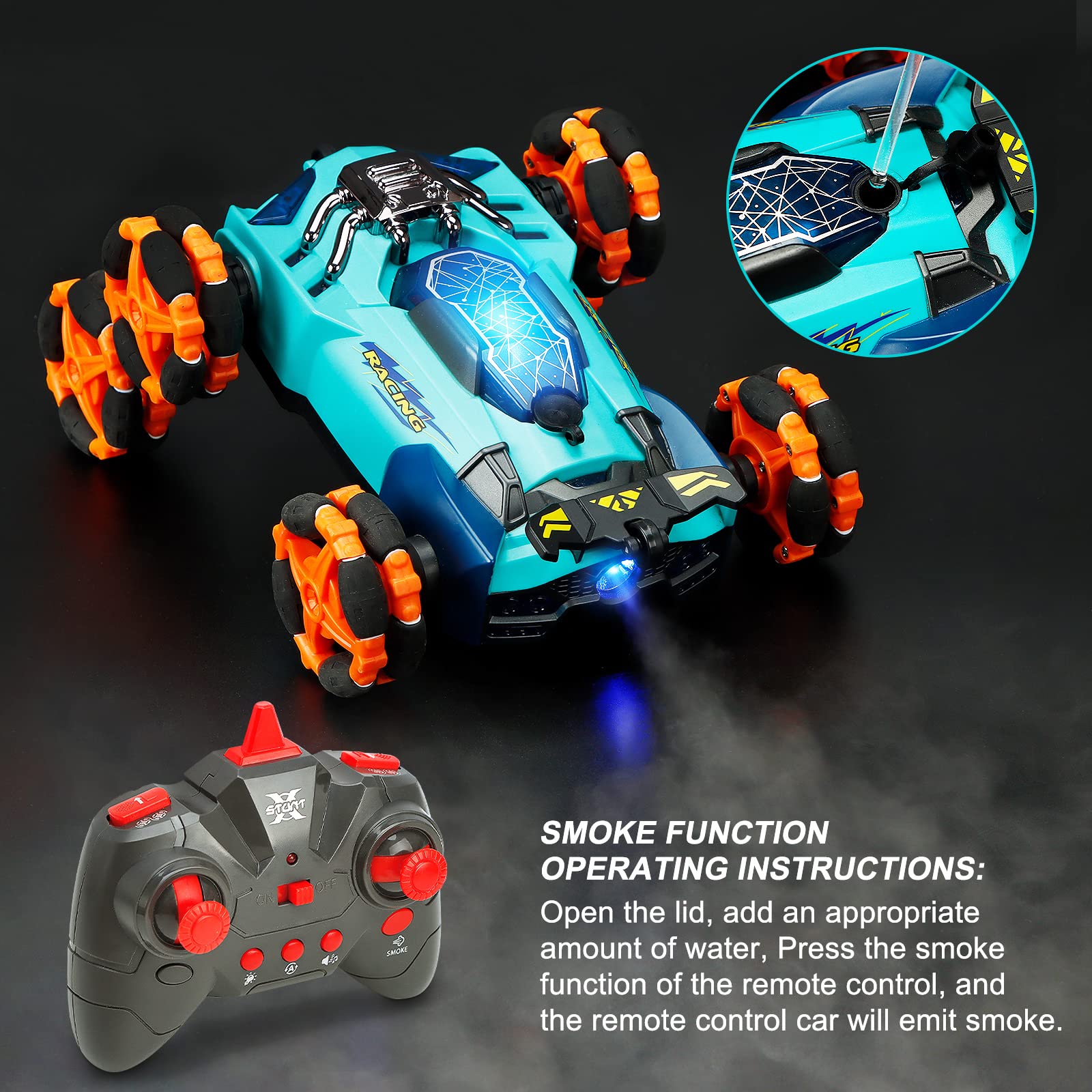 HScopter Remote Control Car, Six-Wheel RC Car 6WD Drift Stunt Off Road Truck Race Toy with Smoke Fuction Light Rotating Vehicle Gift Present for Boys Kids Children Age 5 6 7 8 9 10 (Blue)