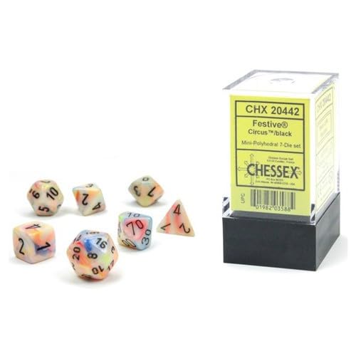 Chessex Dice Set – 10mm Festive Circus/Black Plastic Polyhedral Dice Set – Dungeons and Dragons D&D DND TTRPG Dice – Includes 7 Dice - D4 D6 D8 D10 D12 D20 D%,CHX20442