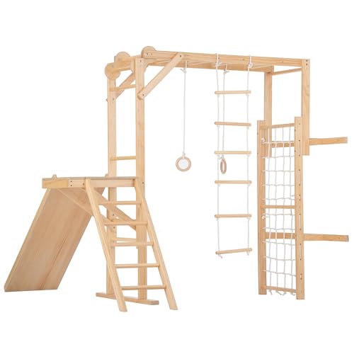 Avenlur Grove 8-in-1 Indoor Jungle Gym with Gymnastic Rings, Climbing Rope, Swing, Slide, Monkey Bars, Rope Wall Net, and Wooden and Rope Ladder - Jungle Play Set for Kids Ages 2-11 Years Old