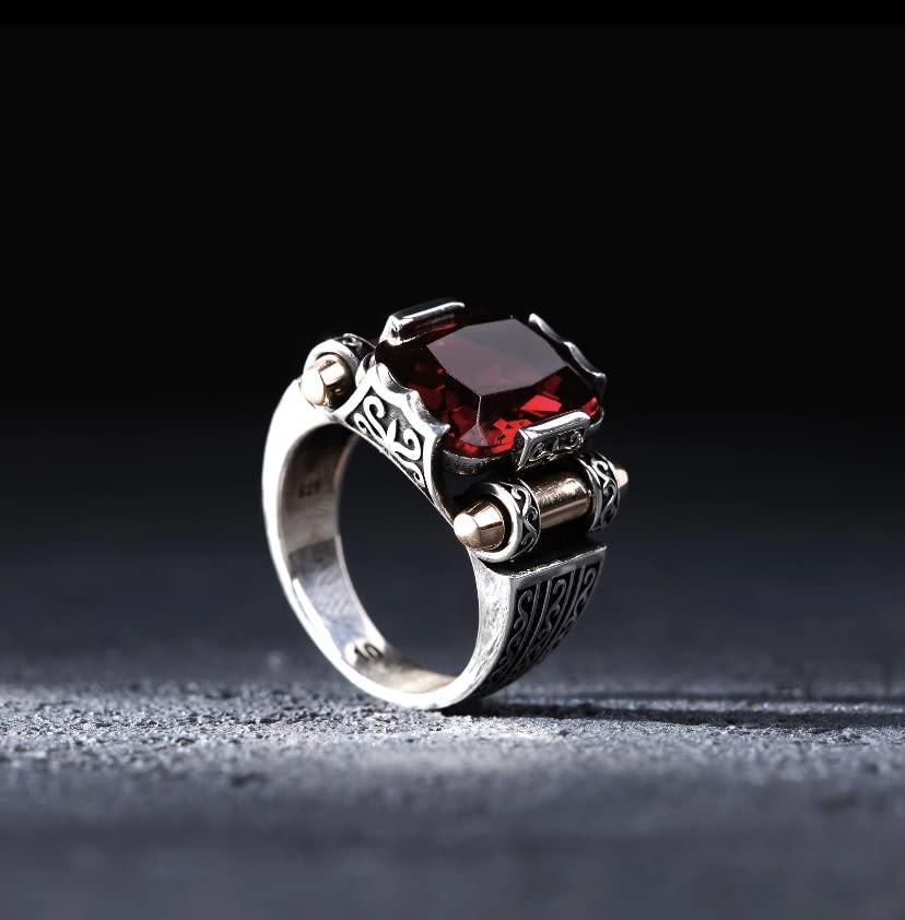 Men Silver Ruby Stone Ring, Square Stone Man Ring, Turkish Silver Handmade Ring, Zircon Stone Ring, 925k Sterling Silver Ring