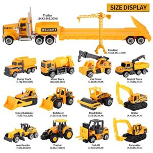 Oriate Construction Car Toys for Kids, Die Cast Construction Vehicles Toy Set Educational Mini Flatbed Trailer Excavator Bulldozer Forklift Trucks Road Signs, Birthday Gift Toys