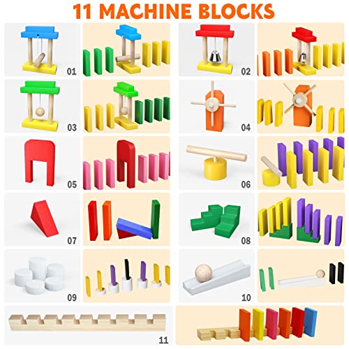 PEBIRA Large Dominoes for Kids, Wooden Dominos Set Include 200 PCS Colorful Domino Blocks, 11 Add-on Tricks and 1 Storage Bag, Bulk Building Dominoes