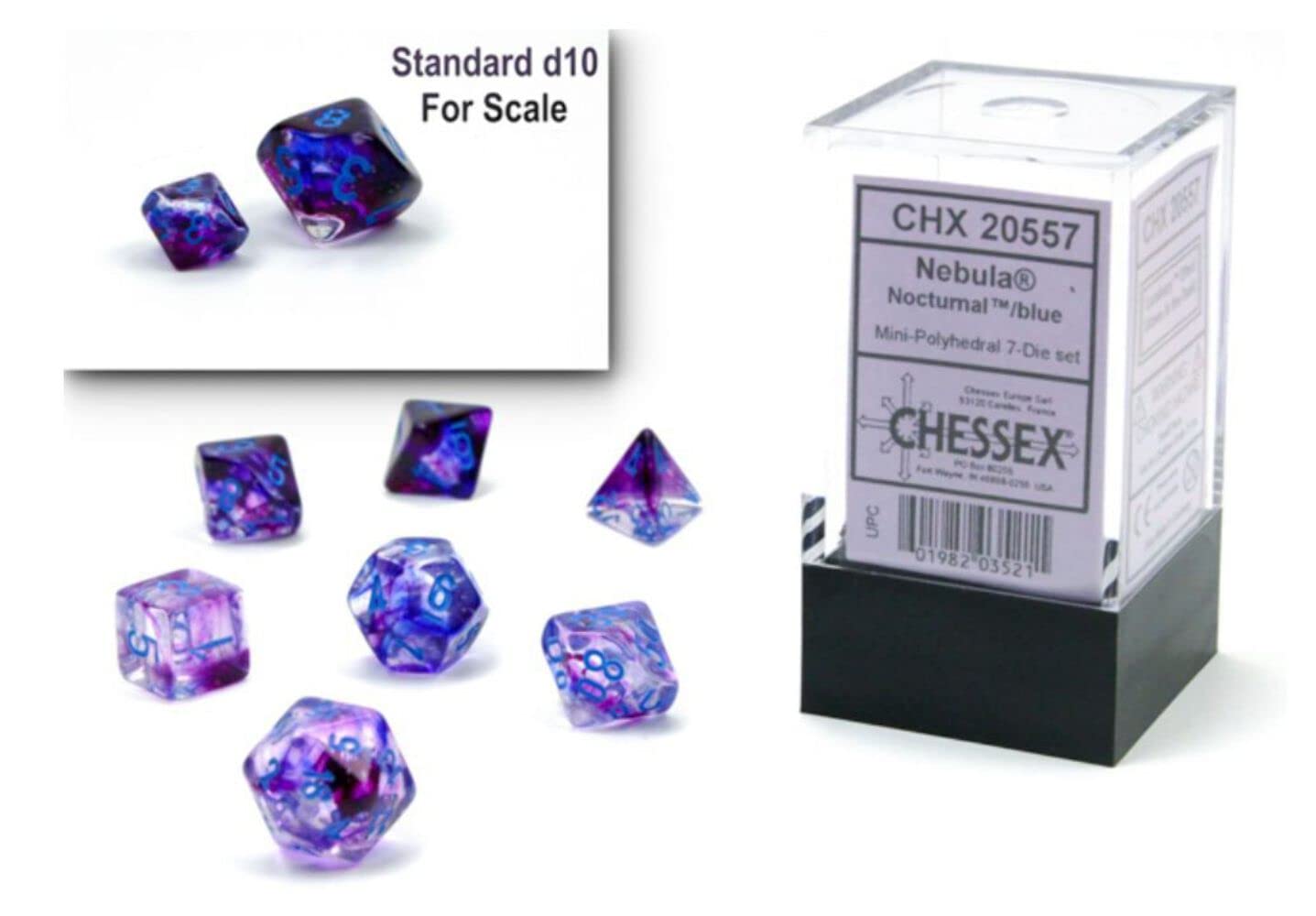 Chessex Dice Set – 10mm Nebula Nocturnal/Blue Luminary Polyhedral Dice Set – Dungeons and Dragons D&D DND TTRPG Dice – Includes 7 Dice - D4 D6 D8 D10 D12 D20 D% (CHX20557)