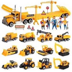 Oriate Construction Car Toys for Kids, Die Cast Construction Vehicles Toy Set Educational Mini Flatbed Trailer Excavator Bulldozer Forklift Trucks Road Signs, Birthday Gift Toys