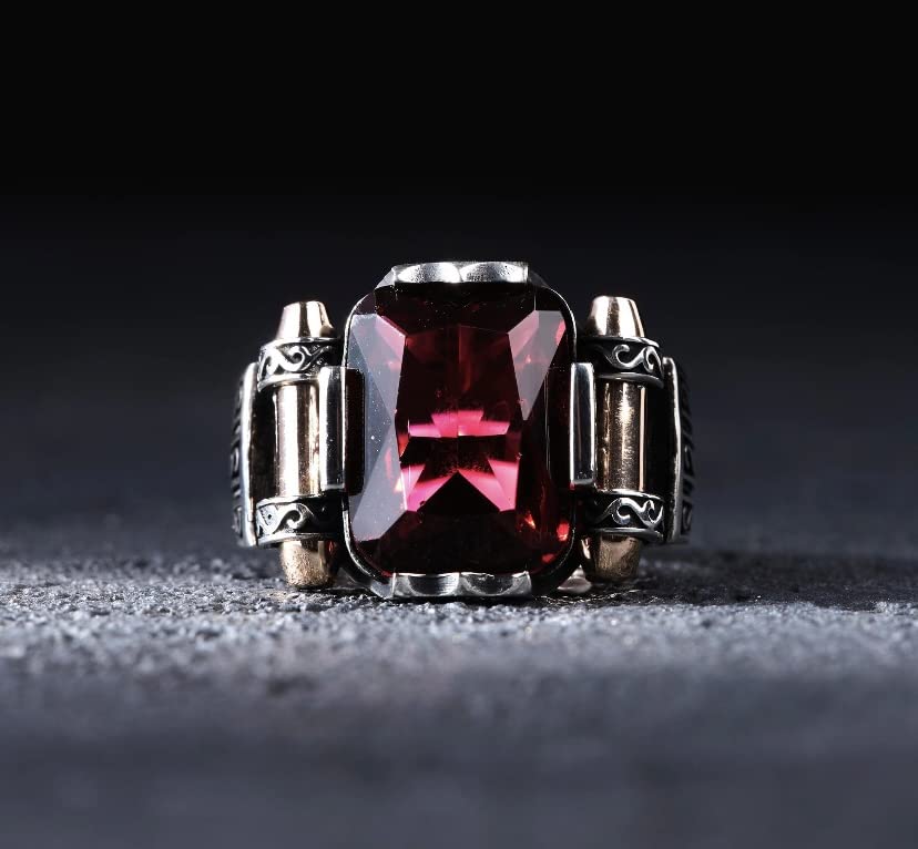 Men Silver Ruby Stone Ring, Square Stone Man Ring, Turkish Silver Handmade Ring, Zircon Stone Ring, 925k Sterling Silver Ring