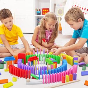 PEBIRA Large Dominoes for Kids, Wooden Dominos Set Include 200 PCS Colorful Domino Blocks, 11 Add-on Tricks and 1 Storage Bag, Bulk Building Dominoes