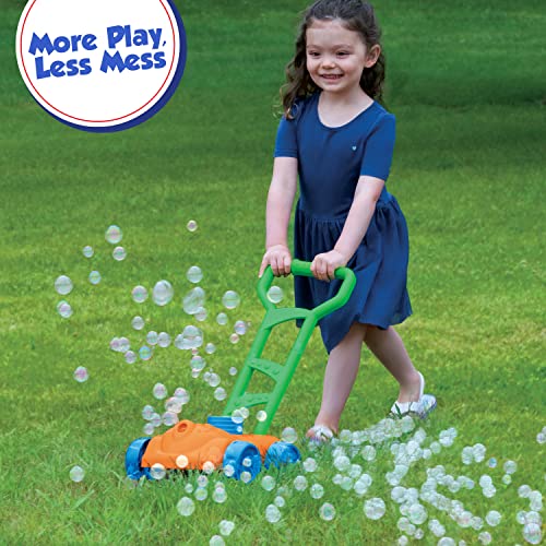 Little Kids FUBBLES NO Spill Bubble Lawn Mower | Includes 4oz Non Tox Refill Solution | Automatic Bubble Blower Machine | Toddler Outdoor Bubble Toy, Orange