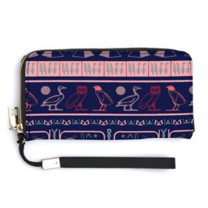 Egyptian Ethnic Hieroglyph Symbols Tile Leather Travel Wristlet Wallets Long Zip Around Purse For Women