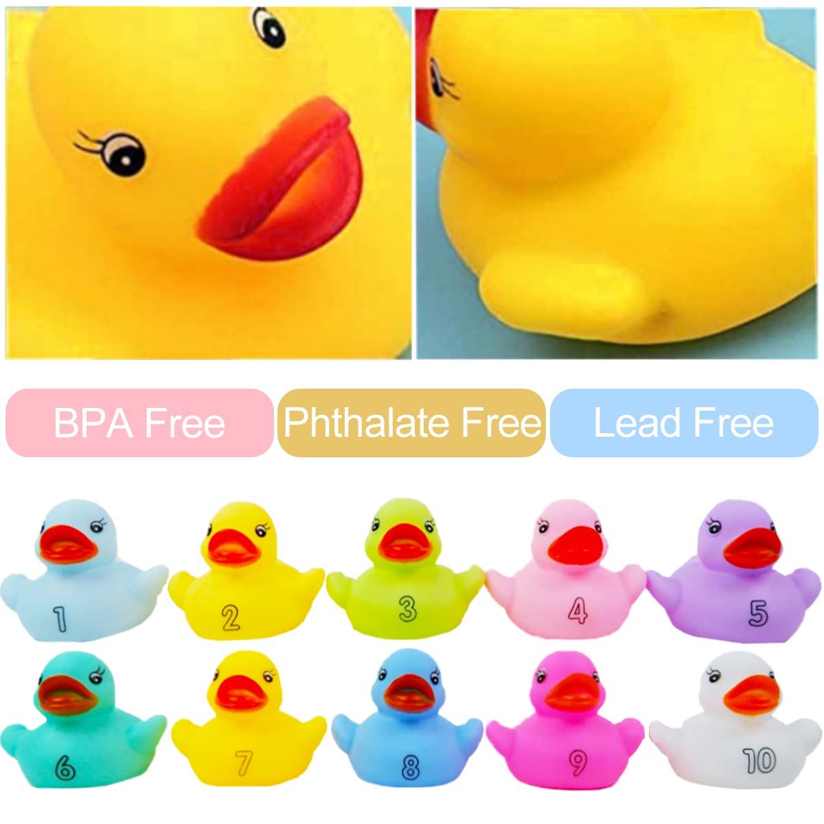 10 Pack: Numbers Counting Rubber Ducks Colorful Bath Toys - 1, 2, 3 Learn to Count Numeracy Early Learning Educational Bathtime Squeak Duckies Bathtub Set for Kids, Toddlers