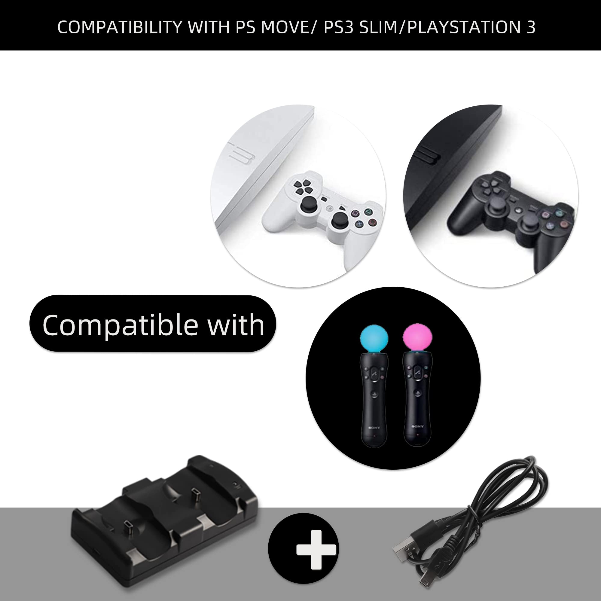 PS3 Controller Charger Station, Charging Dock for Sony PlayStation 3 Original Wireless Dual Controller and Move Controller with LED Light Indicator and Charging Cable