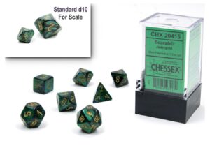 chessex dice set – 10mm scarab jade/gold green plastic polyhedral dice set – dungeons and dragons d&d dnd ttrpg dice – includes 7 dice - d4 d6 d8 d10 d12 d20 d% (chx20415)