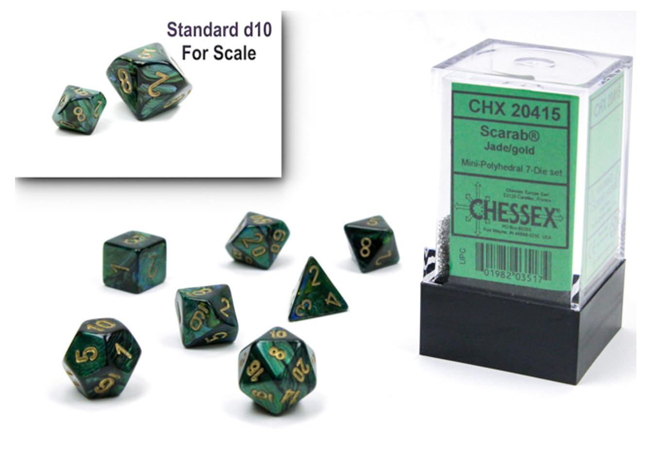 Chessex Dice Set – 10mm Scarab Jade/Gold Green Plastic Polyhedral Dice Set – Dungeons and Dragons D&D DND TTRPG Dice – Includes 7 Dice - D4 D6 D8 D10 D12 D20 D% (CHX20415)