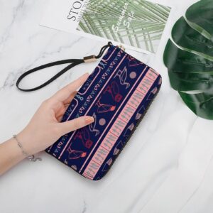 Egyptian Ethnic Hieroglyph Symbols Tile Leather Travel Wristlet Wallets Long Zip Around Purse For Women