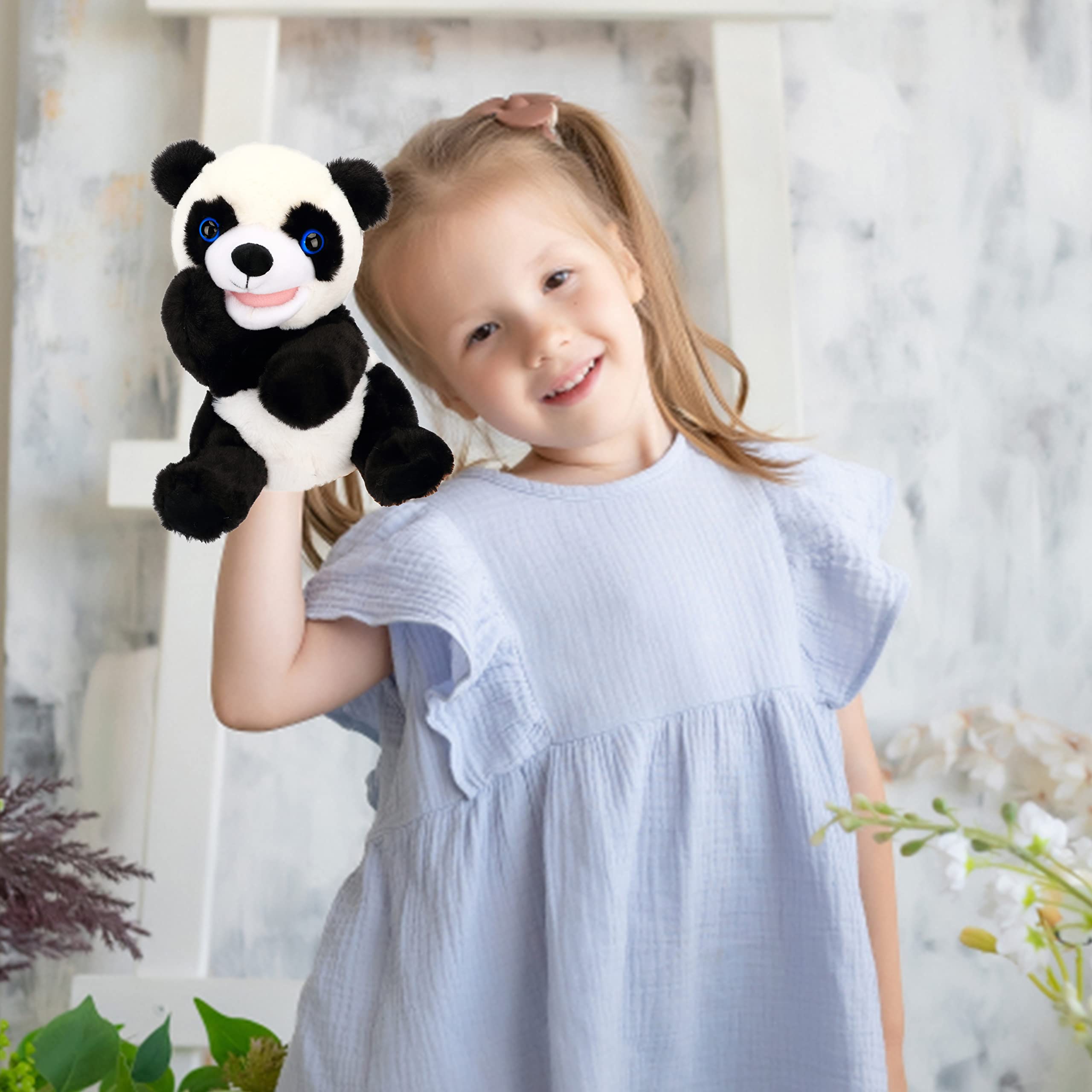 Easfan Panda Hand Puppet Plush Animal Toy with Movable Mouth for Role Play Storytelling Preschool Teaching Birthday Gifts for Kids Boys Girls, 9''