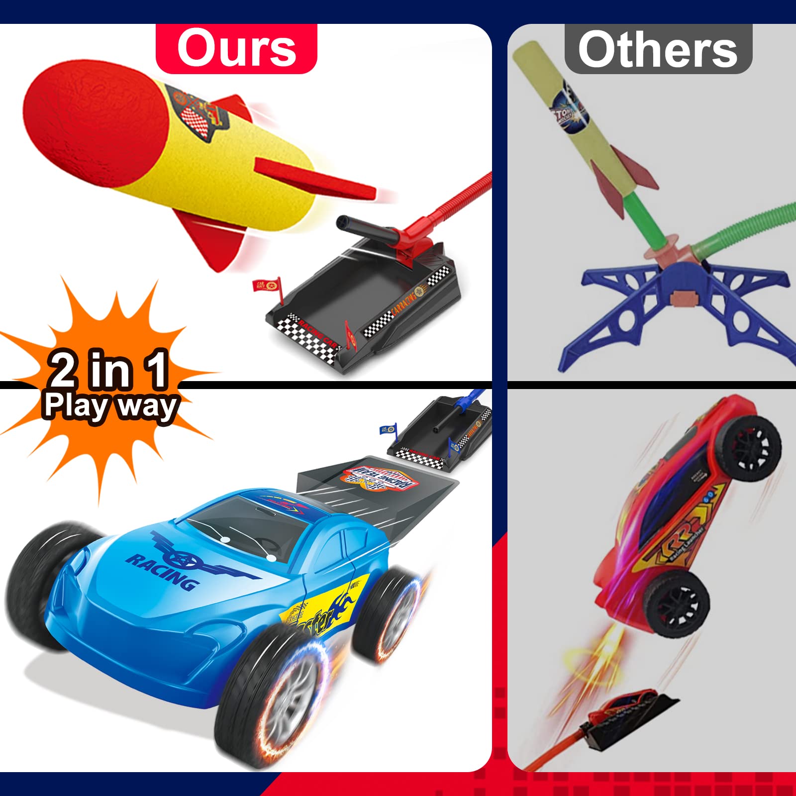 Springflower 2 in 1 Car and Rocket Dueling Launch Toys for Kids, 2 Launcher with 2 Air Powered Cars and 6 Rockets,Fun Outdoor Toy,STEM Gift for Boys & Girls Age 3, 4, 5, 6, 7, 8+ Years Old