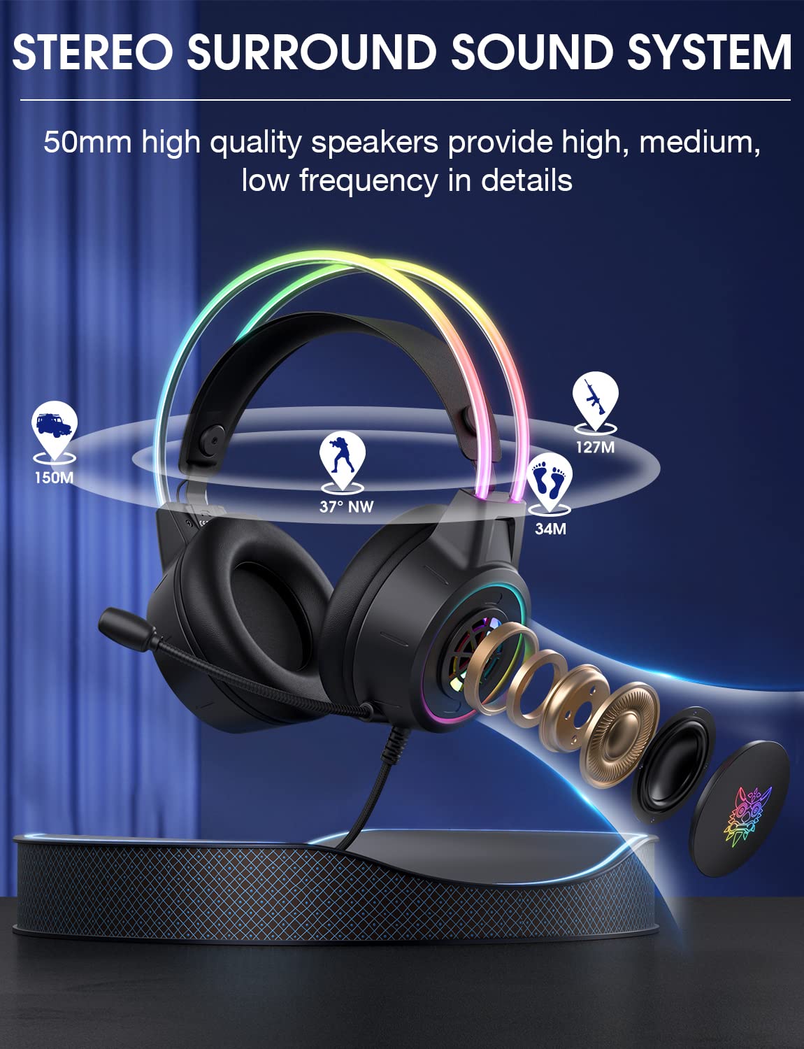 Gaming Headset with Mic, 3.5mm Lightweight Headphones with RGB Aluminum Frame, Surround Sound, Compatible with PS4 PS5 Xbox One(Adapter Not Included) PC Mobile Phone (Black)