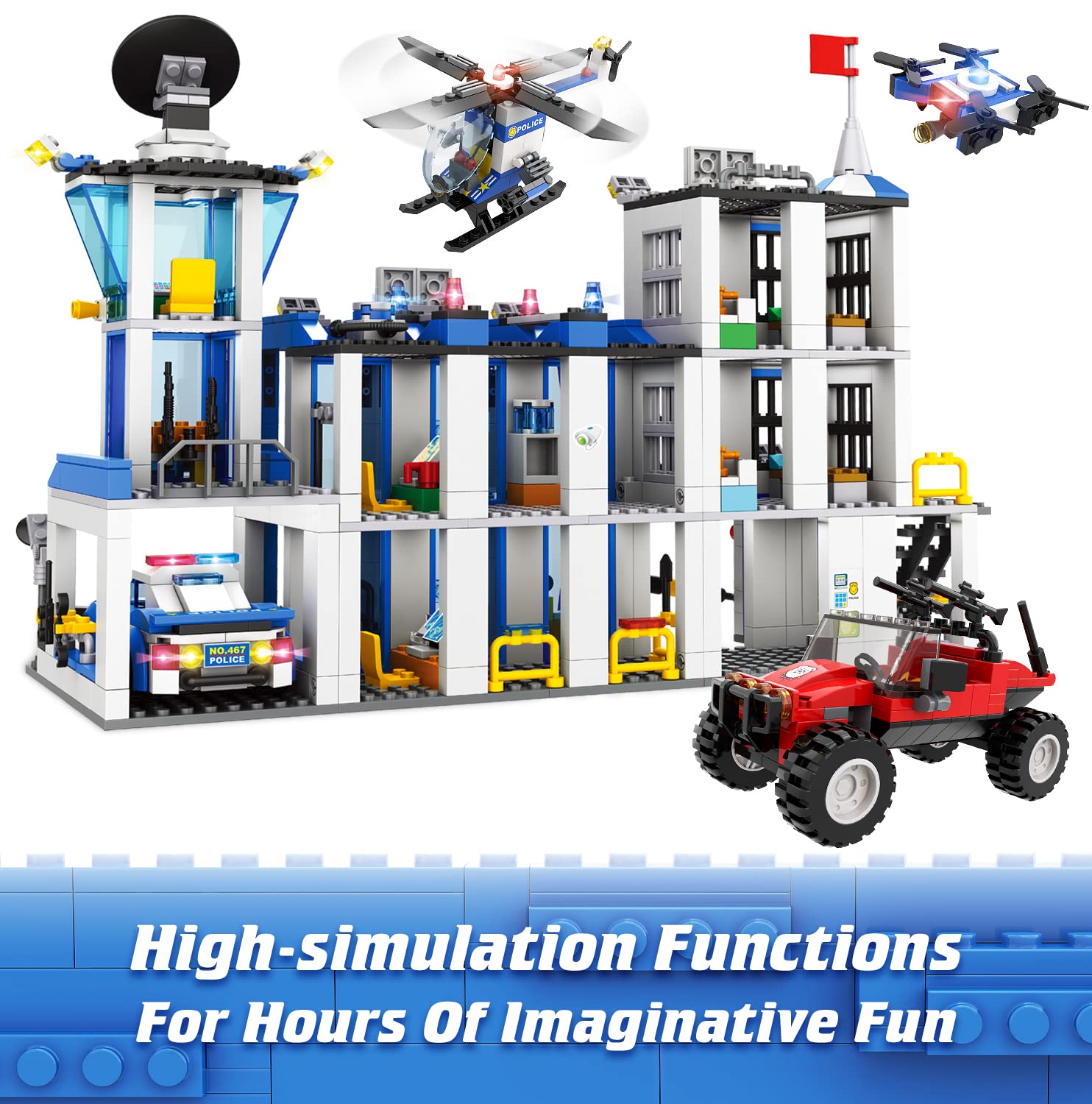 WishaLife City Police Station Toy Building Blocks Set with Prison, Police Car Toy, Helicopter Toy, Buggy Truck Toy, Fun Police Toys Gift for Kids, Boys and Girls Ages 6 Plus